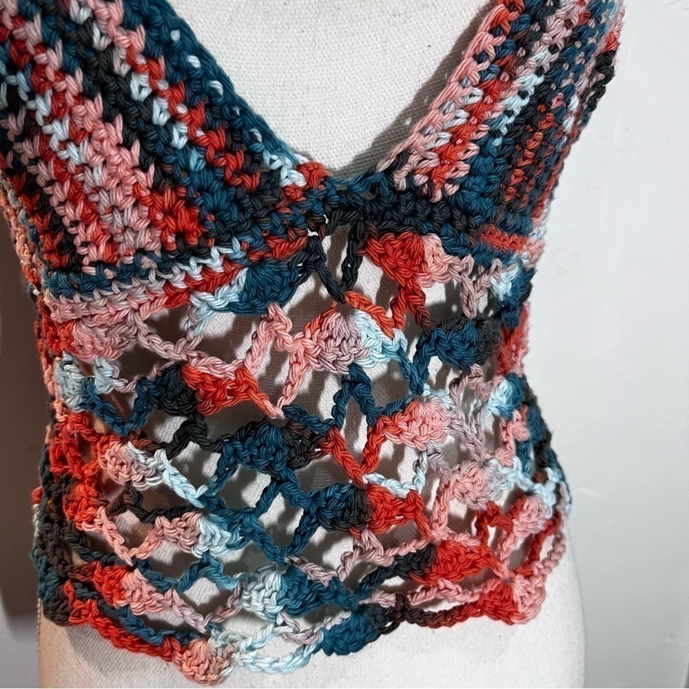 Boho Multi Colored Crochet Halter Top Lace Up Open Back - Picture 4 of 8
